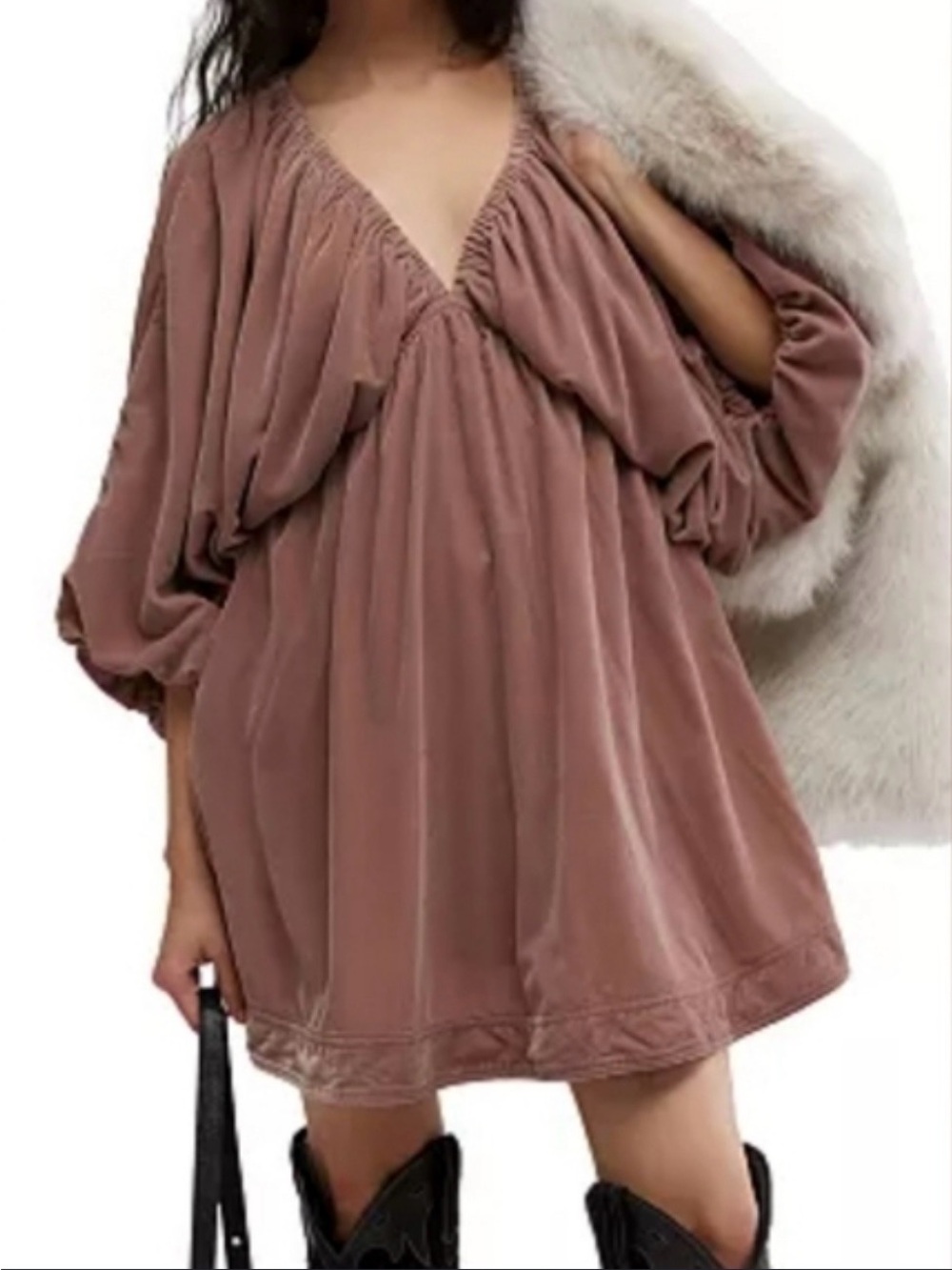 Free People Velvet Deep V-Neck Balloon Sleeve Blouse Mauve Size M
